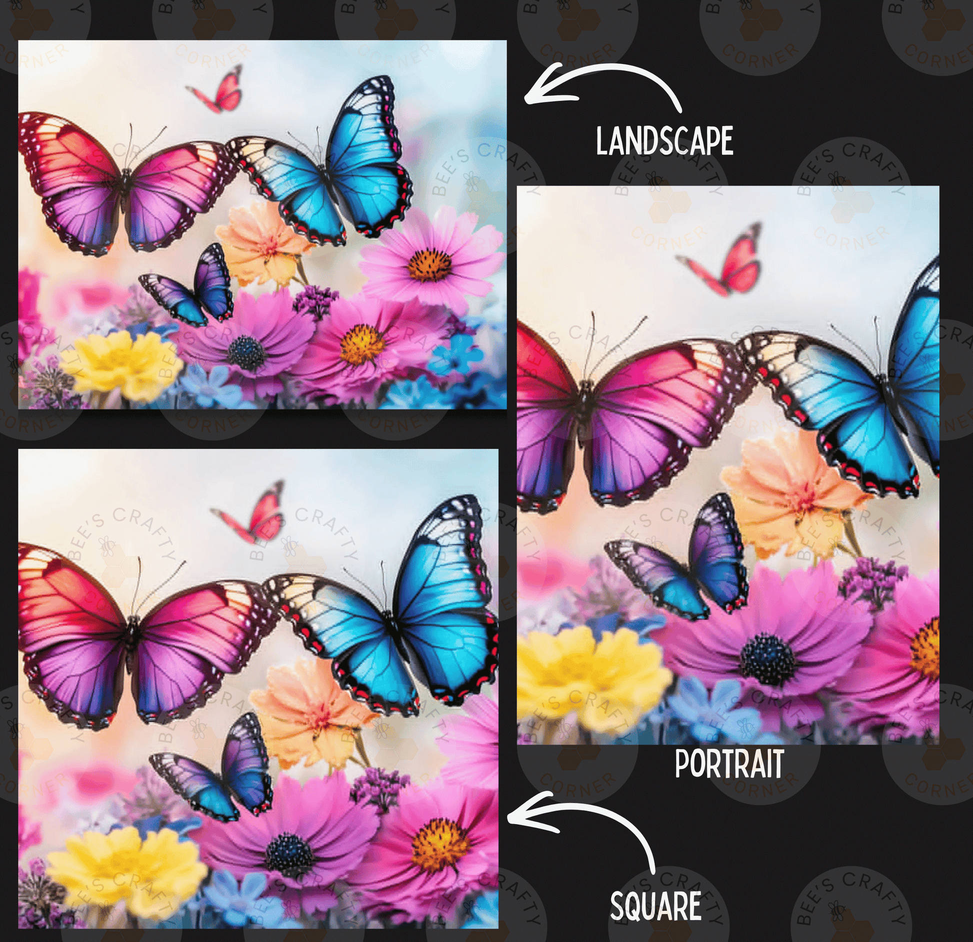 The image is a collage of three images, each depicting a different aspect of a landscape with colorful butterflies and flowers. The first image shows a close-up of a butterfly on a flower, the second image depicts a landscape with a butterfly and flowers, and the third image features a close-up of a butterfly on a flower.