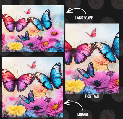 The image is a collage of three images, each depicting a different aspect of a landscape with colorful butterflies and flowers. The first image shows a close-up of a butterfly on a flower, the second image depicts a landscape with a butterfly and flowers, and the third image features a close-up of a butterfly on a flower.