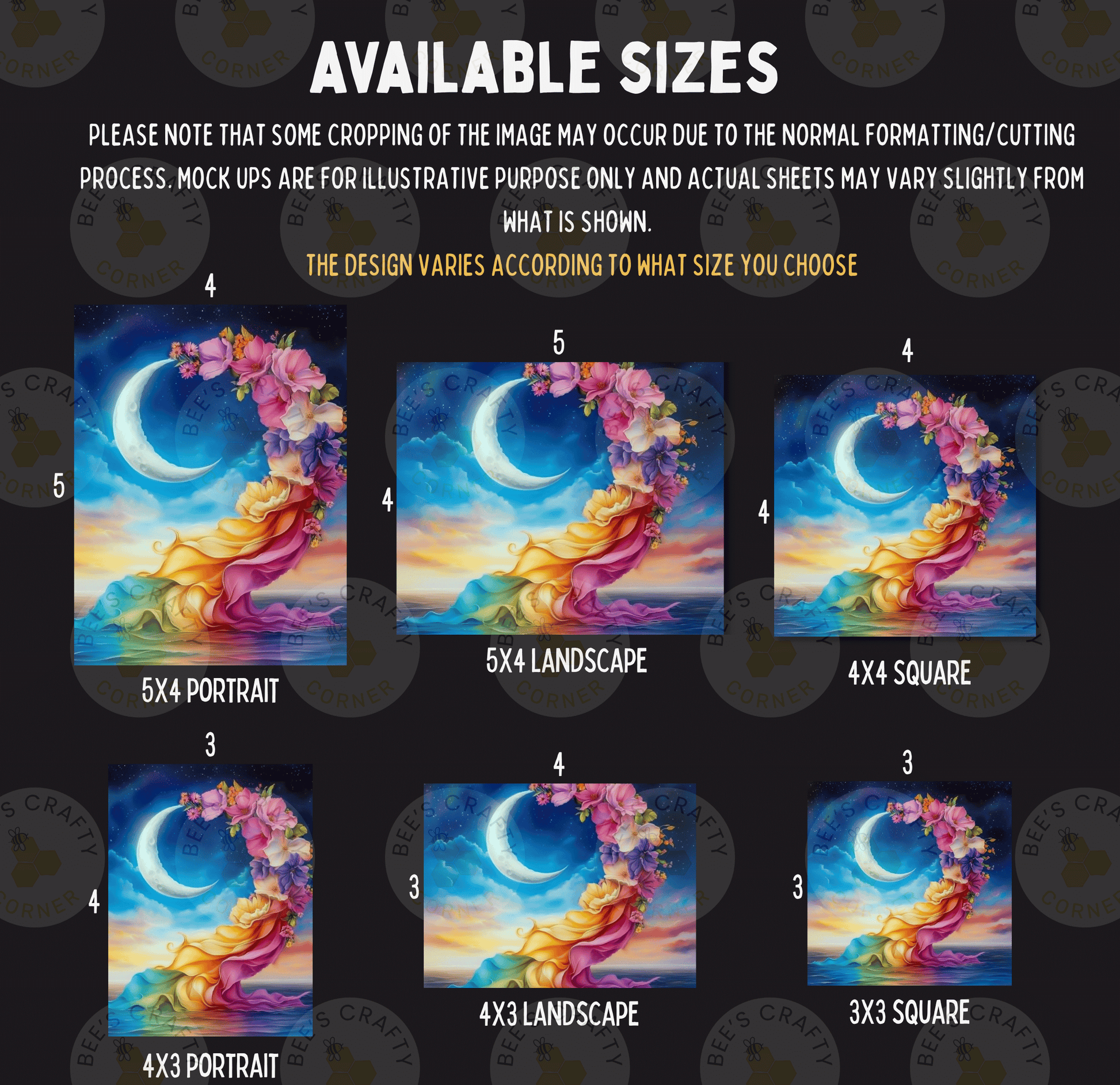 six different sizes of paintings or illustrations, each depicting a different landscape or scene. The sizes range from 5x4 to 5x3, and the paintings vary in style and subject matter, such as a crescent moon, a landscape, and a crescent moon. The image does not contain any text, and the descriptions provided are general and not specific to any particular painting.