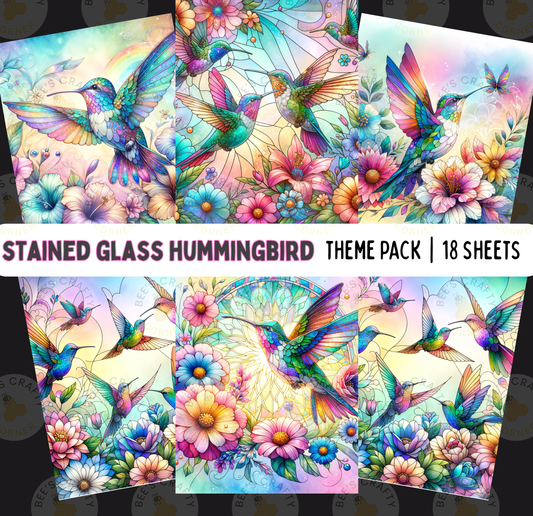 The image is a collage of 18 colorful stained glass hummingbird illustrations, each featuring a vibrant hummingbird surrounded by a variety of flowers and foliage.