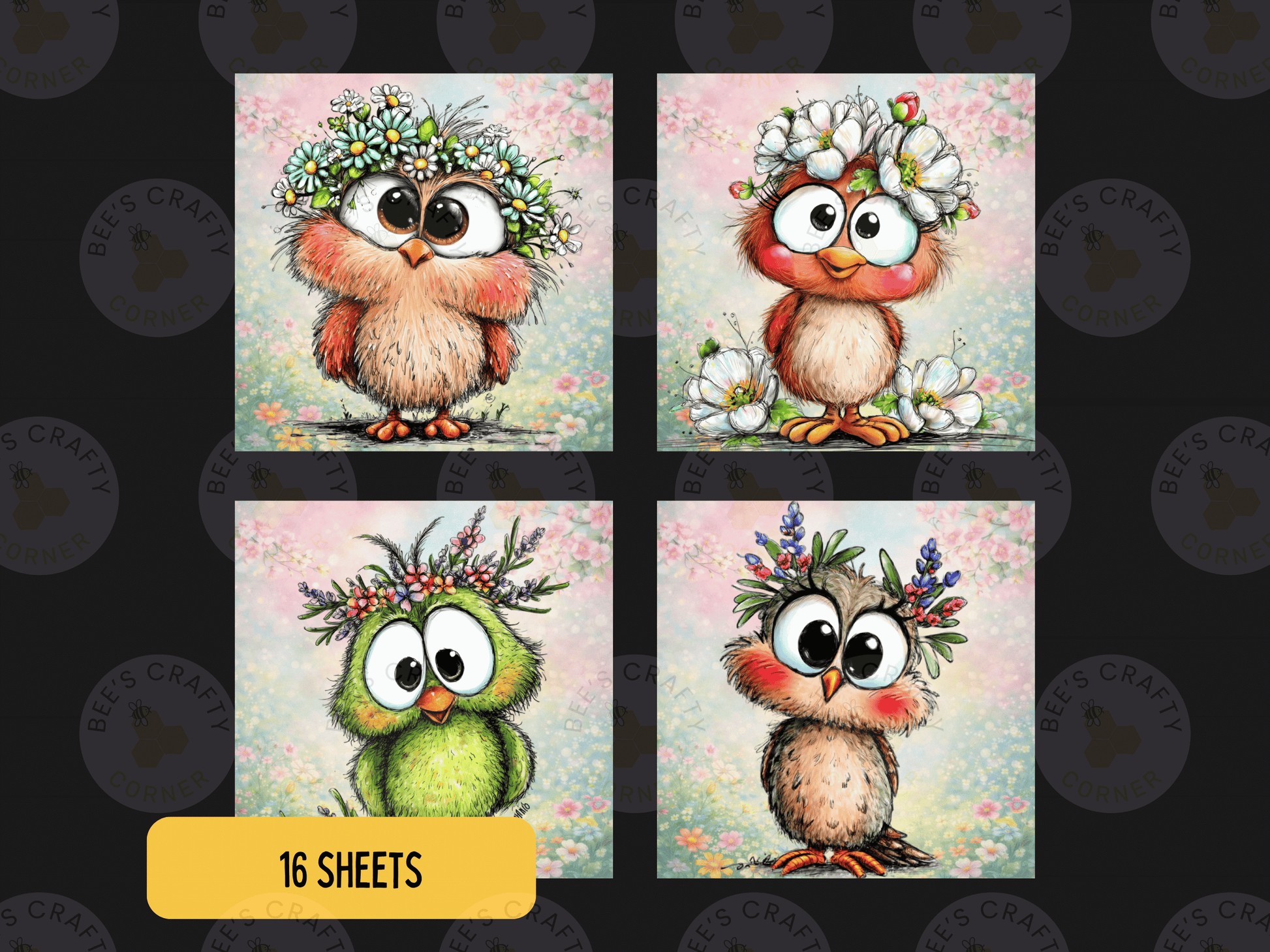 four square illustrations of cute, cartoon-like owls wearing flower crowns.