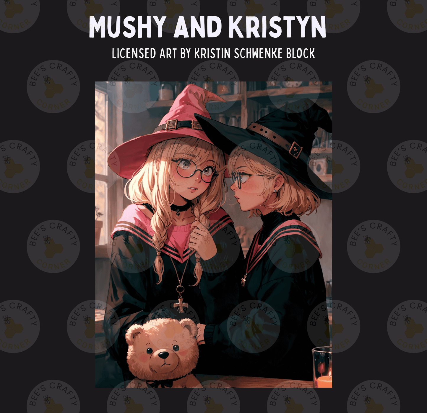 The image is a collage of two anime-style illustrations featuring two young women dressed as witches, with one holding a teddy bear.