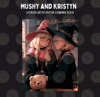 The image is a collage of two anime-style illustrations featuring two young women dressed as witches, with one holding a teddy bear.