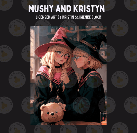 The image is a collage of two anime-style illustrations featuring two young women dressed as witches, with one holding a teddy bear.