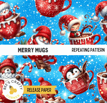 The image is a repeating pattern of various Christmas-themed mugs and characters, including Santa Claus, an elf, a penguin, and a bear, all enjoying hot beverages and surrounded by snowflakes and stars.
