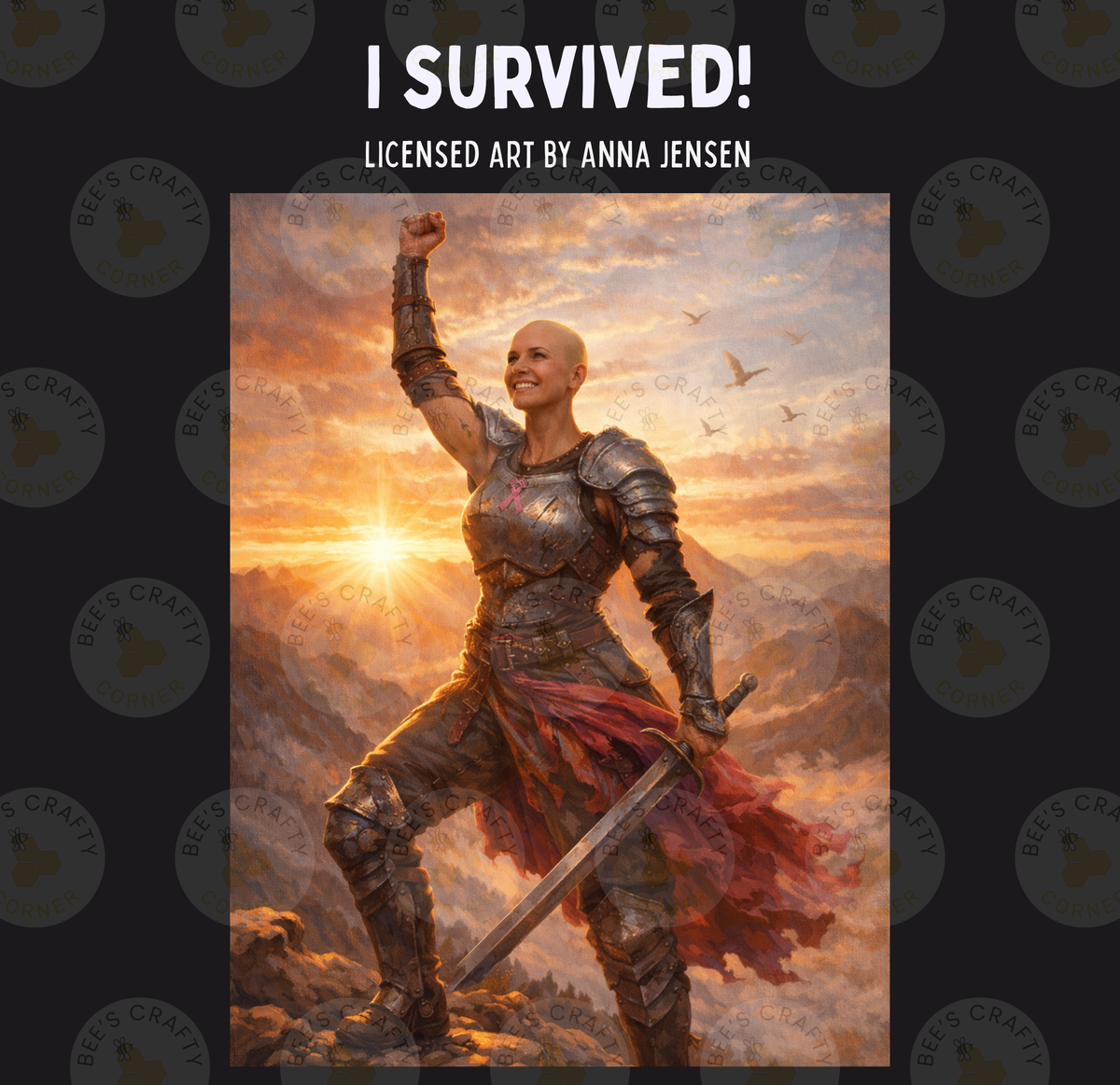 a woman standing on a rocky cliff, holding a sword and raising her fist in a triumphant gesture.