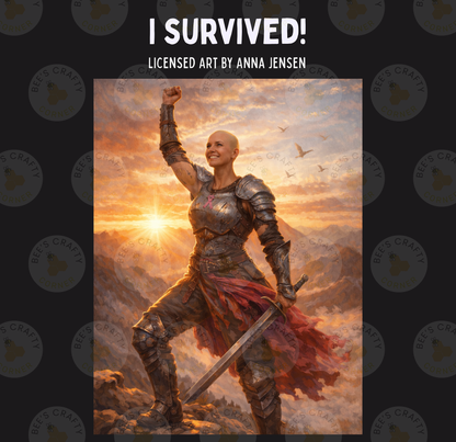 a woman standing on a rocky cliff, holding a sword and raising her fist in a triumphant gesture.