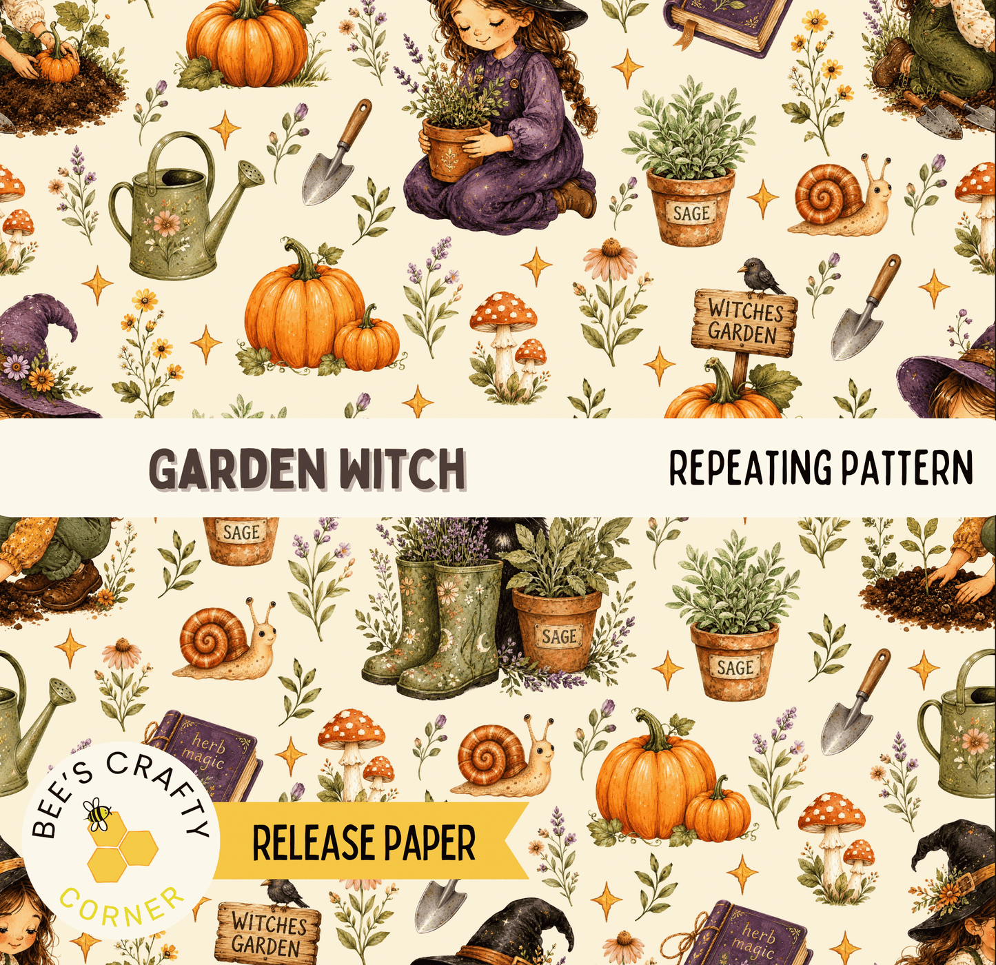The image is a repeating pattern featuring various garden-related objects and elements such as pumpkins, plants, and a witch's hat.