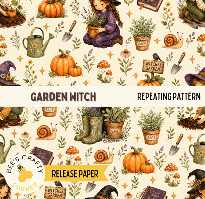 The image is a repeating pattern featuring various garden-related objects and elements such as pumpkins, plants, and a witch's hat.
