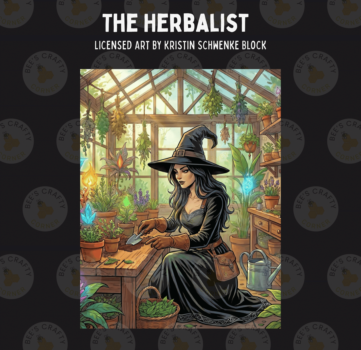 The image is a colorful illustration depicting a woman in a witch's hat tending to plants in a greenhouse-like setting.