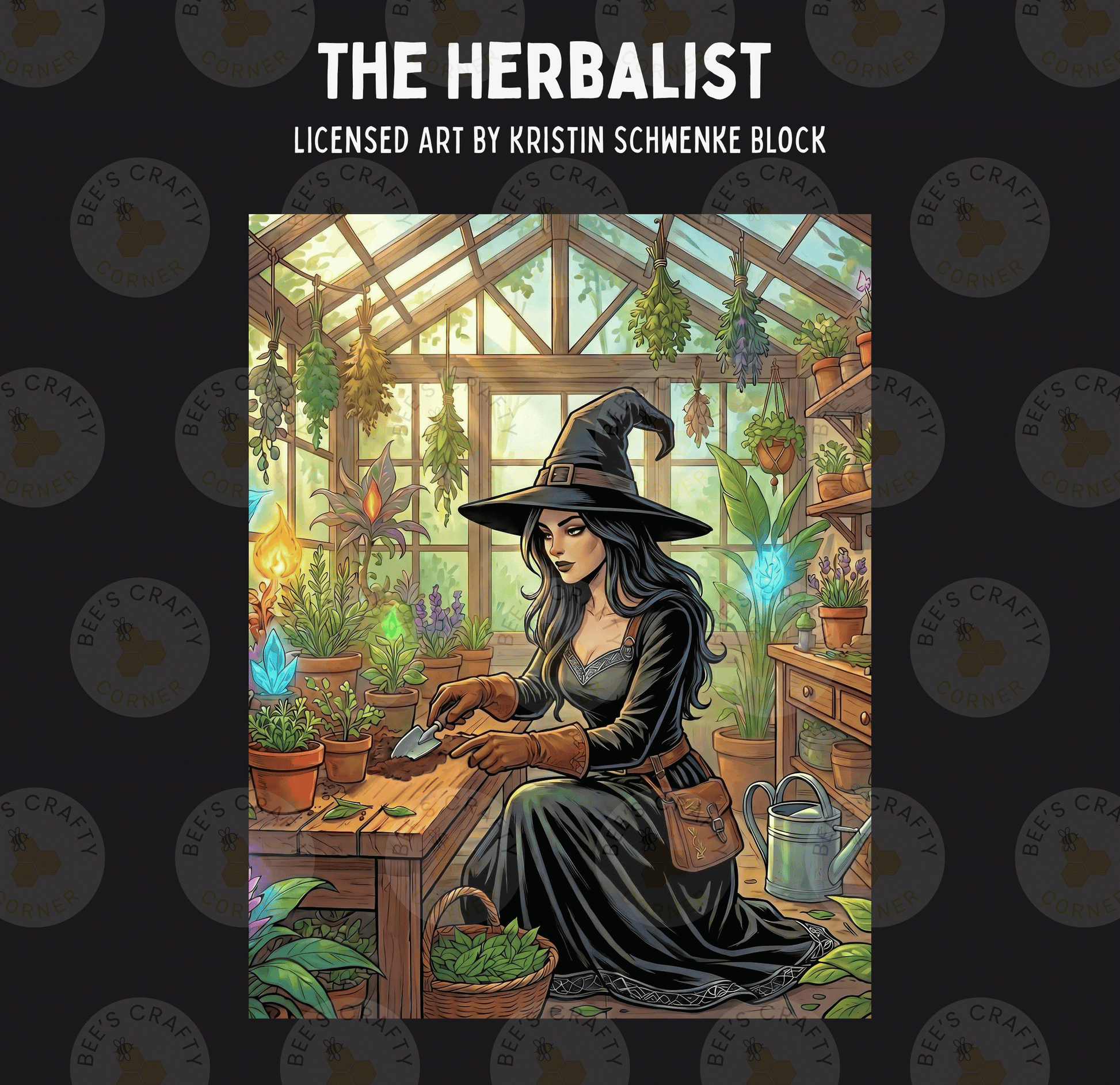 The image is a colorful illustration depicting a woman in a witch's hat tending to plants in a greenhouse-like setting.