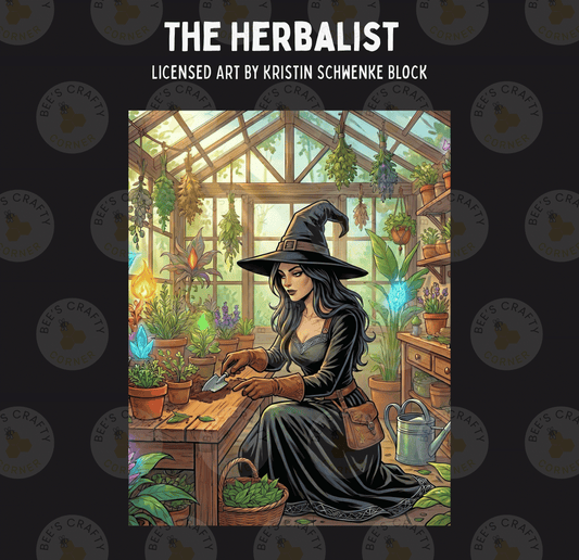 The image is a colorful illustration depicting a woman in a witch's hat tending to plants in a greenhouse-like setting.