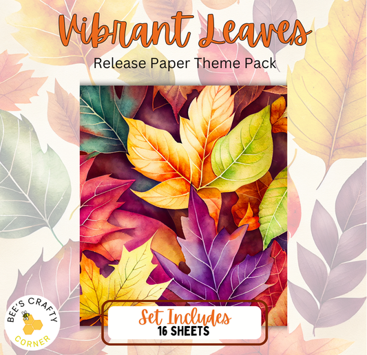 The image is a vibrant and colorful release paper theme pack for autumn leaves, featuring a variety of leaves in shades of orange, yellow, green, and purple. The pack includes 16 sheets, providing a diverse collection of autumn leaf designs for various creative projects.
