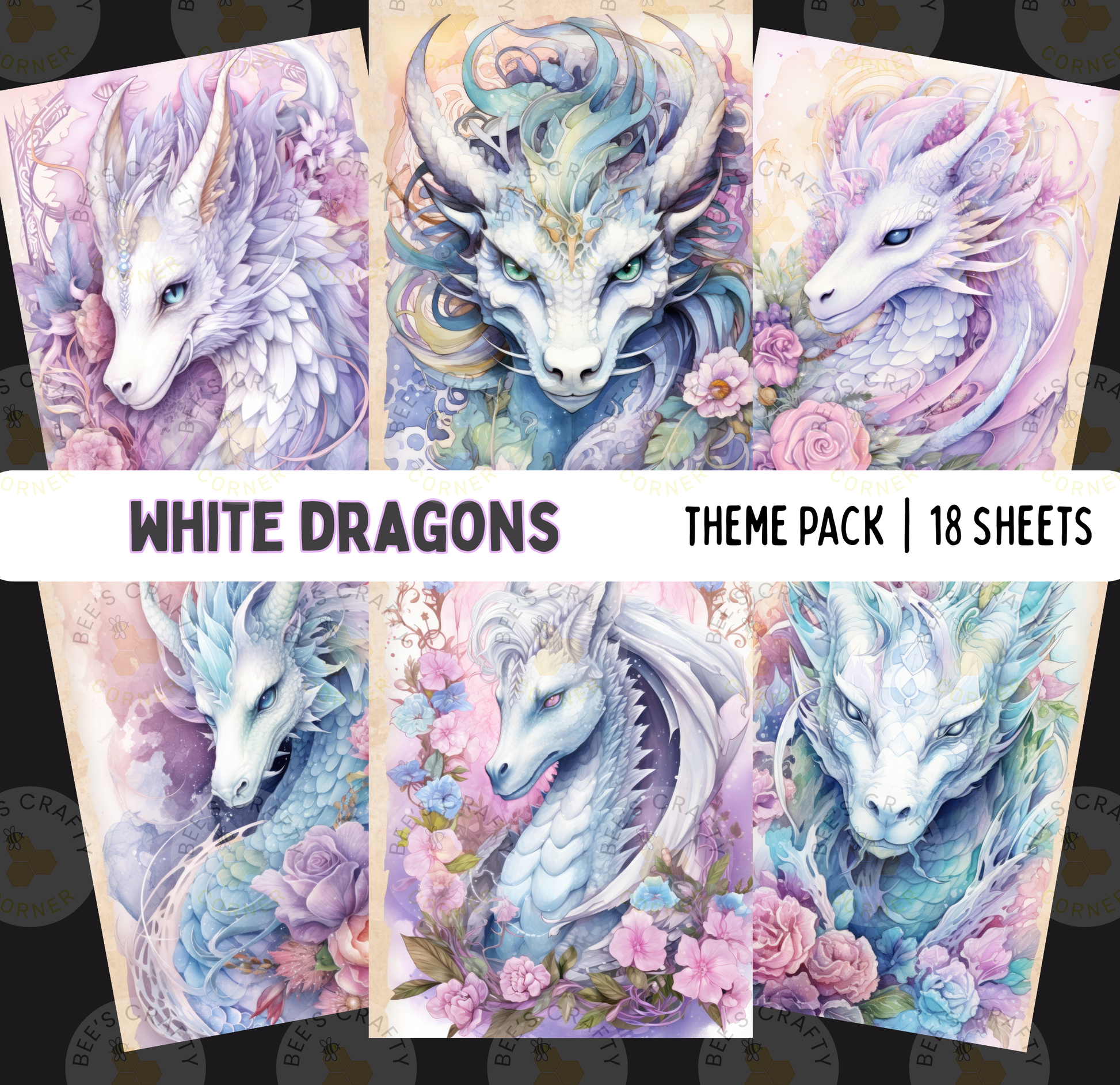 The image is a theme pack of 18 sheets featuring various artistic interpretations of white dragons. The dragons are depicted in different styles, with some having intricate details and others showcasing a more abstract approach. The dragons are surrounded by a variety of colorful flowers and foliage, creating a visually striking and imaginative composition.