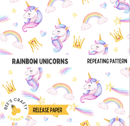 a repeating pattern of rainbow unicorn heads, crowns, and rainbows, along with stars and hearts. The text "RAINBOW UNICorns" and "REPEATING PATTERN" are visible, and the phrase "RELEASEPAPER" is also present.
