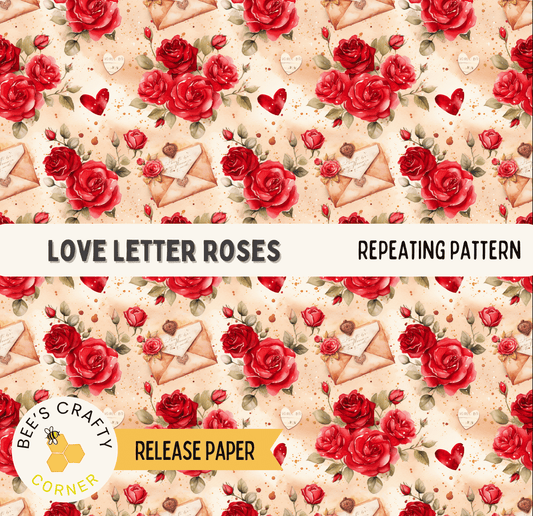 The image is a repeating pattern of red roses, envelopes, and hearts on a light peach background.