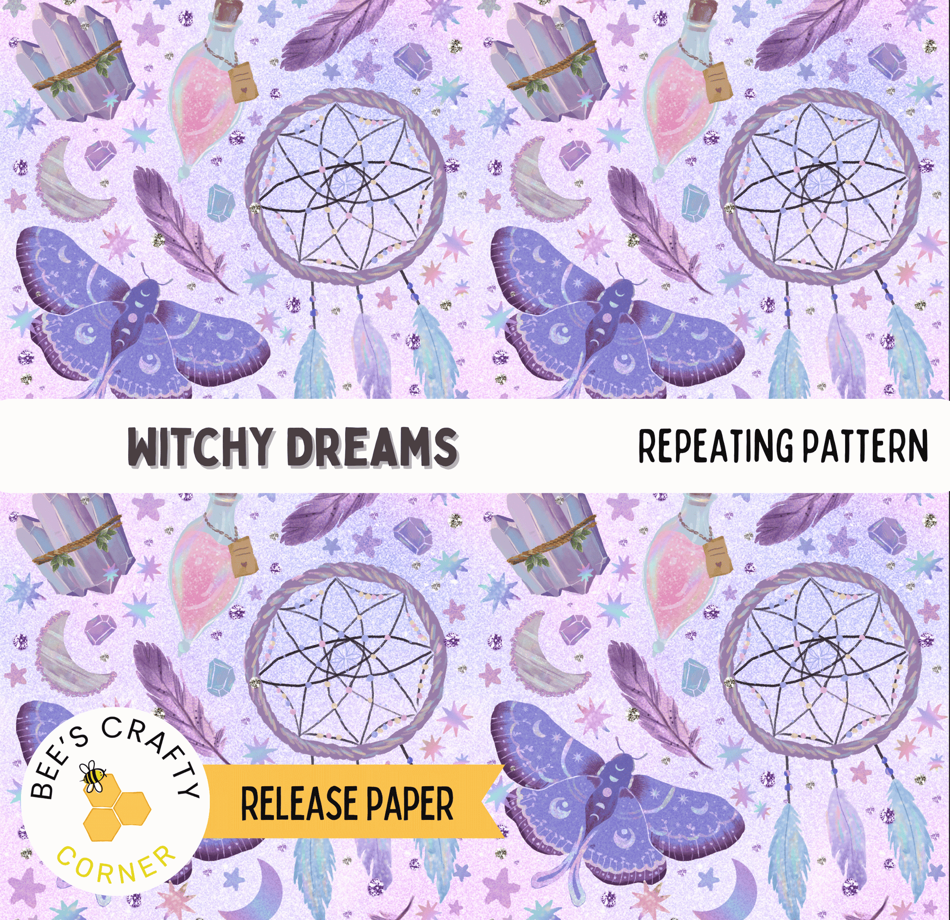 The image is a repeating pattern of whimsical and mystical elements, including dreamcatchers, feathers, crystals, and butterflies, all set against a purple and pink background.
