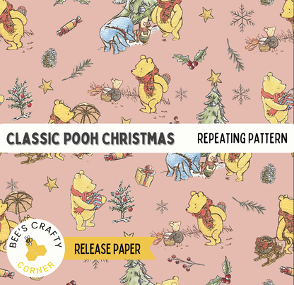 The image is a repeating pattern featuring illustrations of Winnie the Pooh and Christmas-themed elements such as snowflakes, pine trees, and presents.