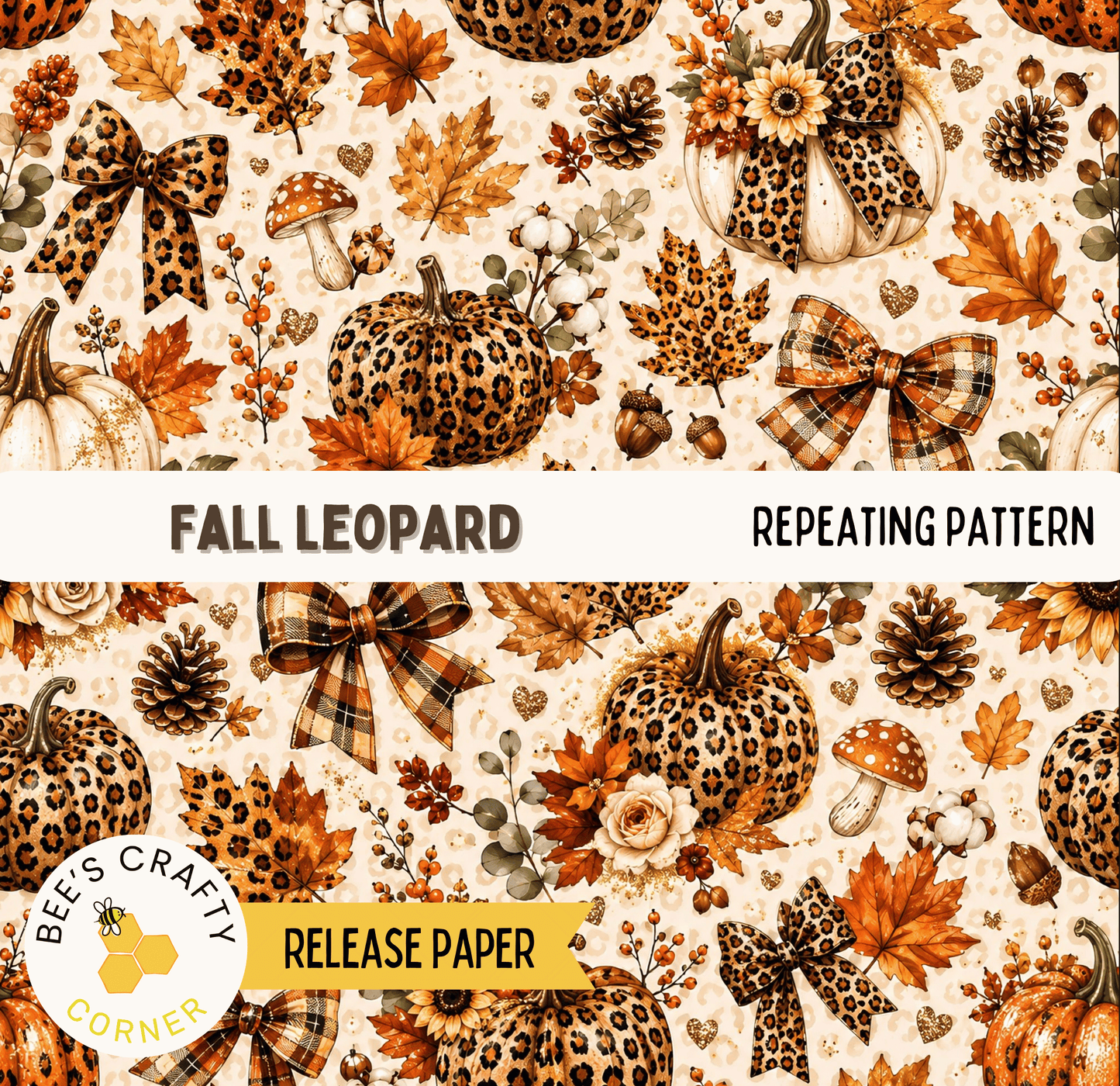 The image is a repeating pattern featuring leopard print elements such as pumpkins, leaves, bows, and flowers against a light background.