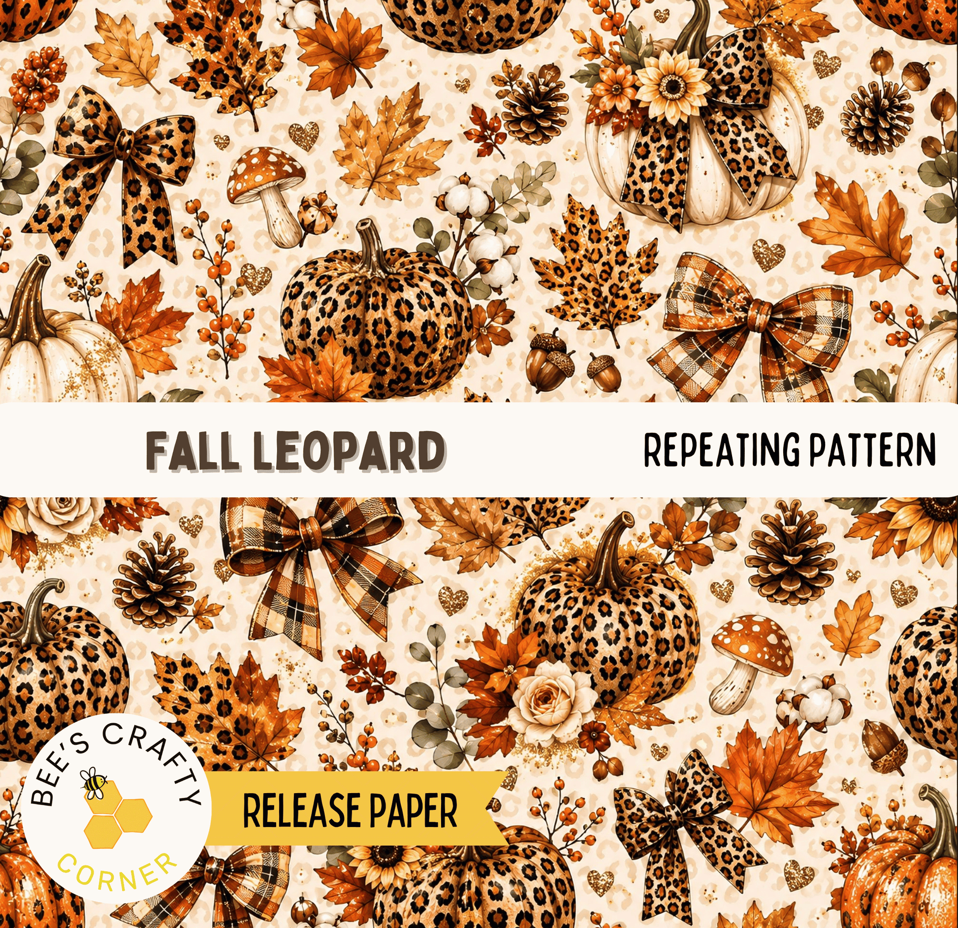 The image is a repeating pattern featuring leopard print elements such as pumpkins, leaves, bows, and flowers against a light background.