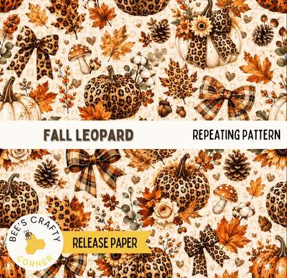 The image is a repeating pattern featuring leopard print elements such as pumpkins, leaves, bows, and flowers against a light background.