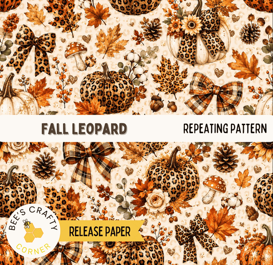 The image is a repeating pattern featuring leopard print elements such as pumpkins, leaves, bows, and flowers against a light background.