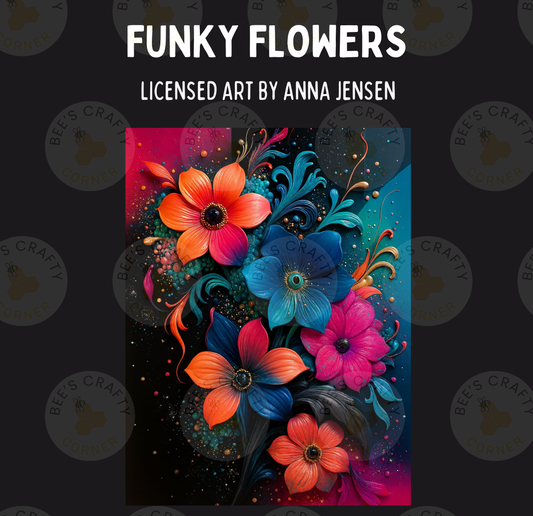 The image is a vibrant and colorful painting of a bouquet of flowers, featuring a variety of hues including orange, pink, blue, and green. The flowers are arranged in a visually striking manner, with some overlapping and others standing out against the dark background. The painting is titled "Funky Flowers" and is described as "LICENSED ART BY ANNA JENSEN".