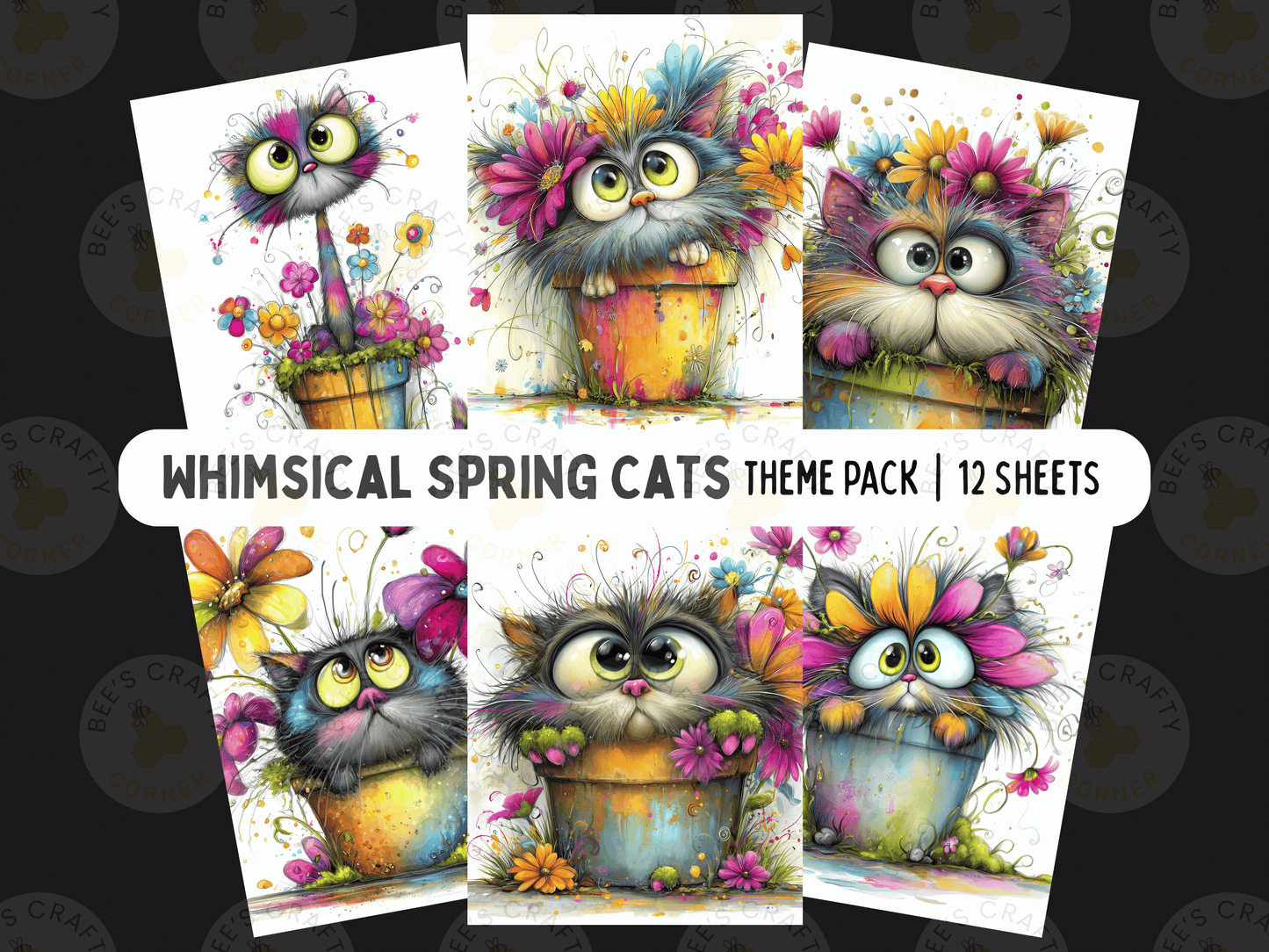 The image is a theme pack of whimsical spring cats, featuring six distinct illustrations of cats in various poses and settings, each adorned with colorful flowers and plants.