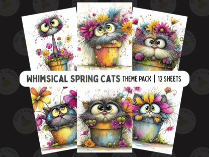 The image is a theme pack of whimsical spring cats, featuring six distinct illustrations of cats in various poses and settings, each adorned with colorful flowers and plants.