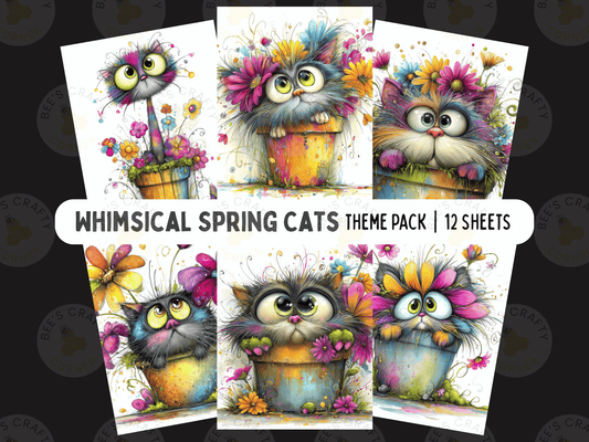 The image is a theme pack of whimsical spring cats, featuring six distinct illustrations of cats in various poses and settings, each adorned with colorful flowers and plants.