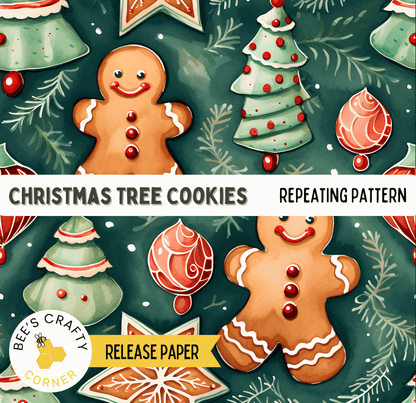 The image is a repeating pattern of Christmas tree cookies and gingerbread men, with the text "Christmas Tree Cookies" and "Repeating Pattern" visible.
