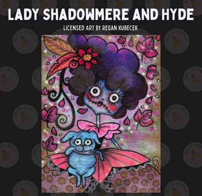 The image is a colorful and whimsical illustration featuring a large, stylized female character with a large headdress, surrounded by various fantastical elements such as flowers, leaves, and a small blue creature.