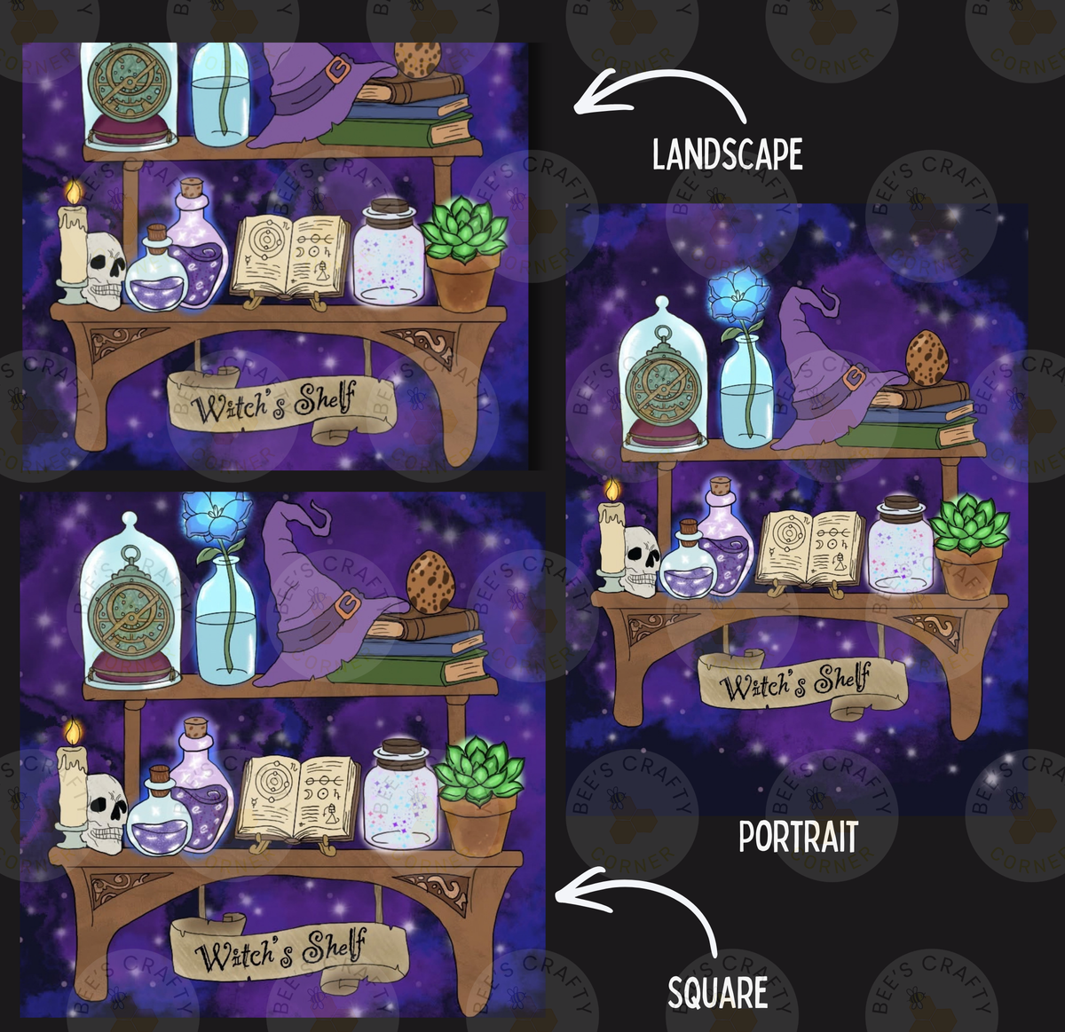 The image is a collage of four images depicting a witch's shelf with various items such as bottles, a cauldron, a crystal ball, a book, a candle, a plant, and a crystal. The images are labeled as "Landscape", "Portrait", "LESS THAN 500 Characters", and " SQUARE".