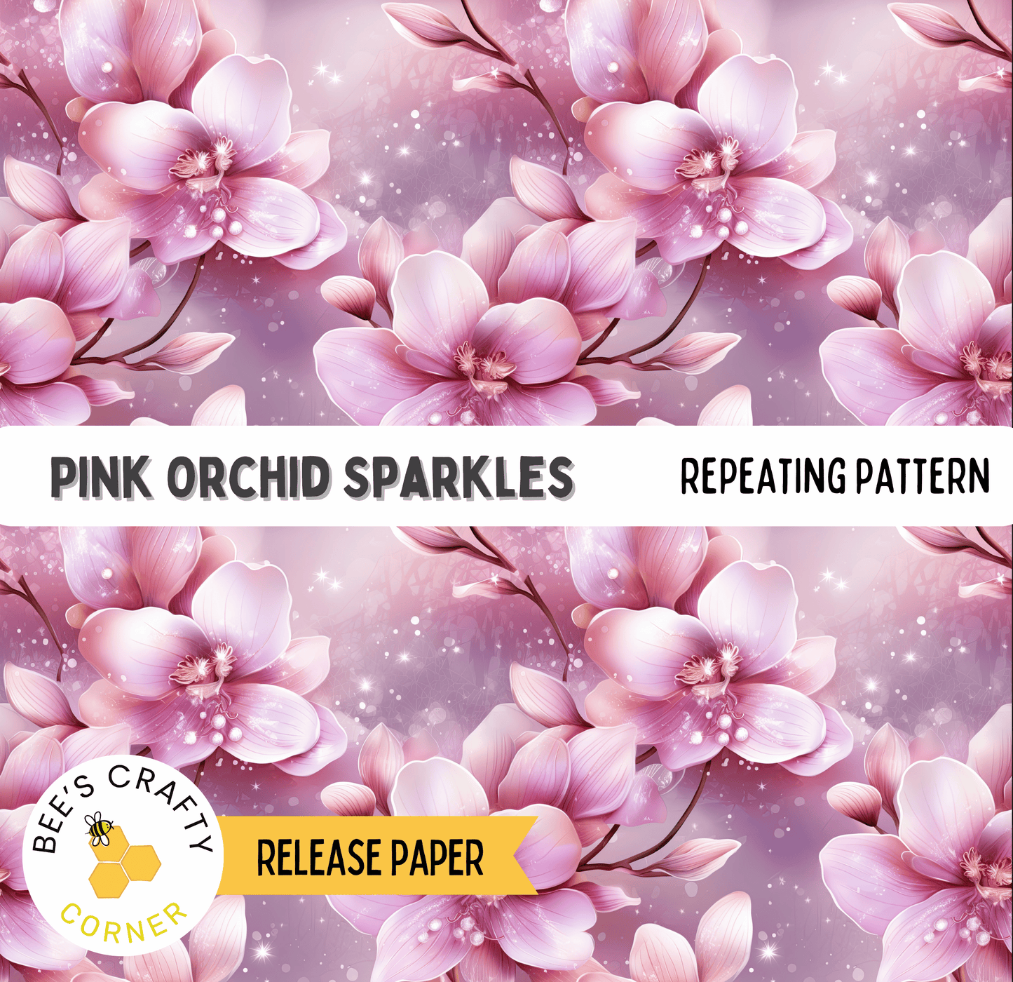 The image is a repeating pattern of pink orchid sparkles against a purple background.