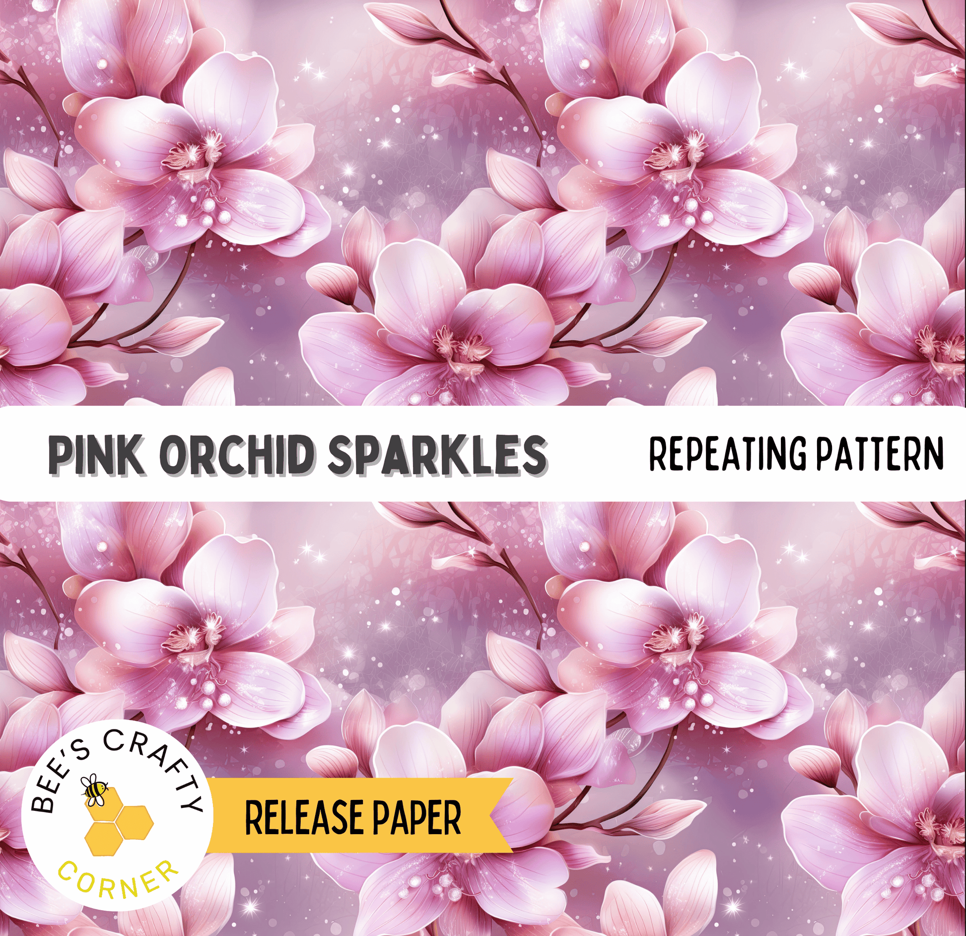 The image is a repeating pattern of pink orchid sparkles against a purple background.