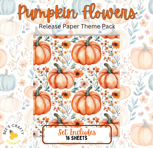 The image is a release paper theme pack for pumpkin flowers, featuring a repeating pattern of orange pumpkins and flowers on a white background.
