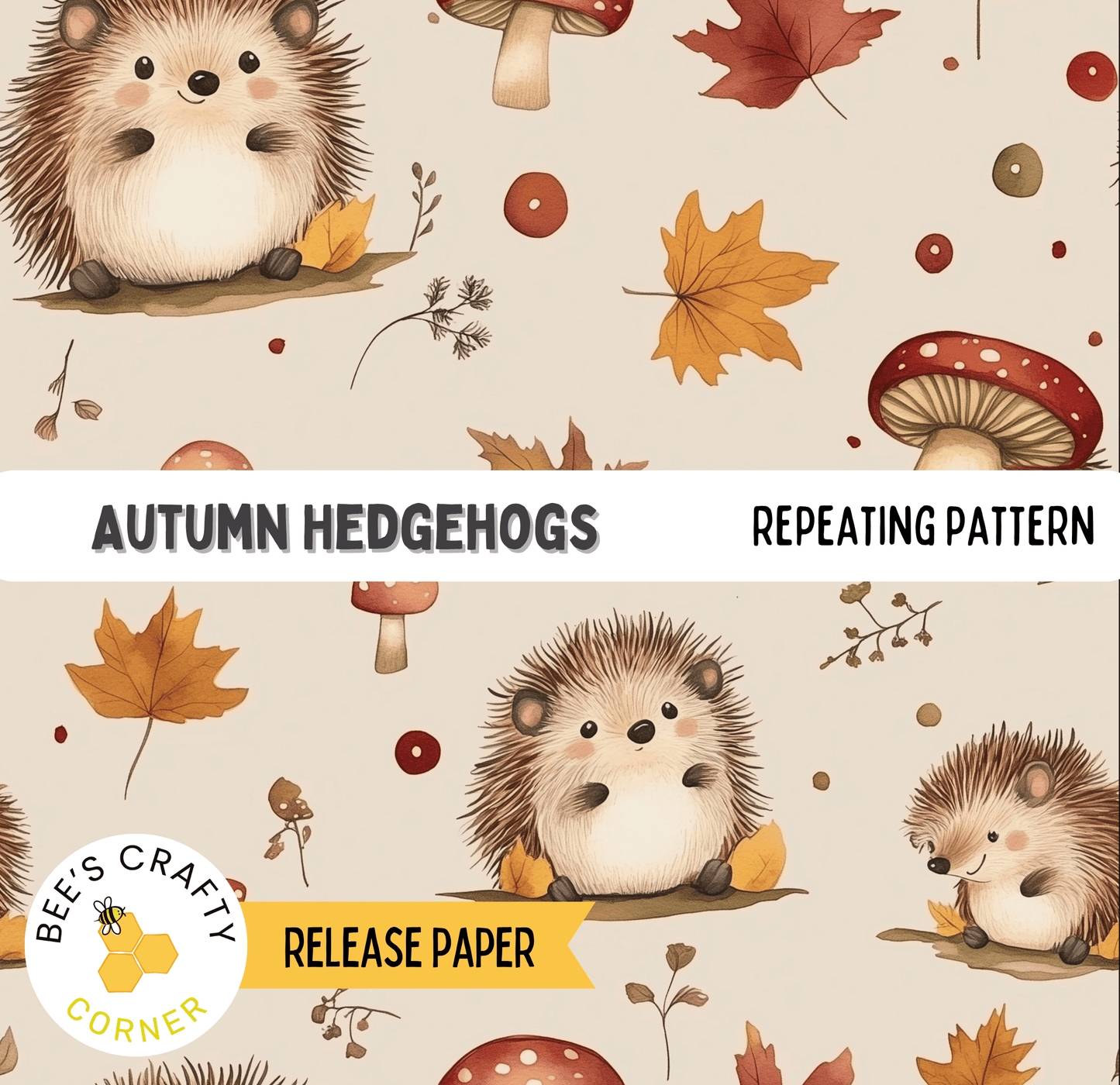 The image is a repeating pattern of autumn hedgehogs, mushrooms, and leaves, creating a visually appealing and seasonal design.
