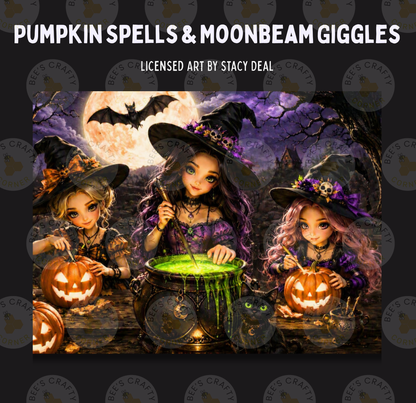 The image is a Halloween-themed collage featuring three girls dressed as witches, each holding a pumpkin and standing around a cauldron. The background depicts a spooky nighttime scene with bats, a full moon, and a castle.