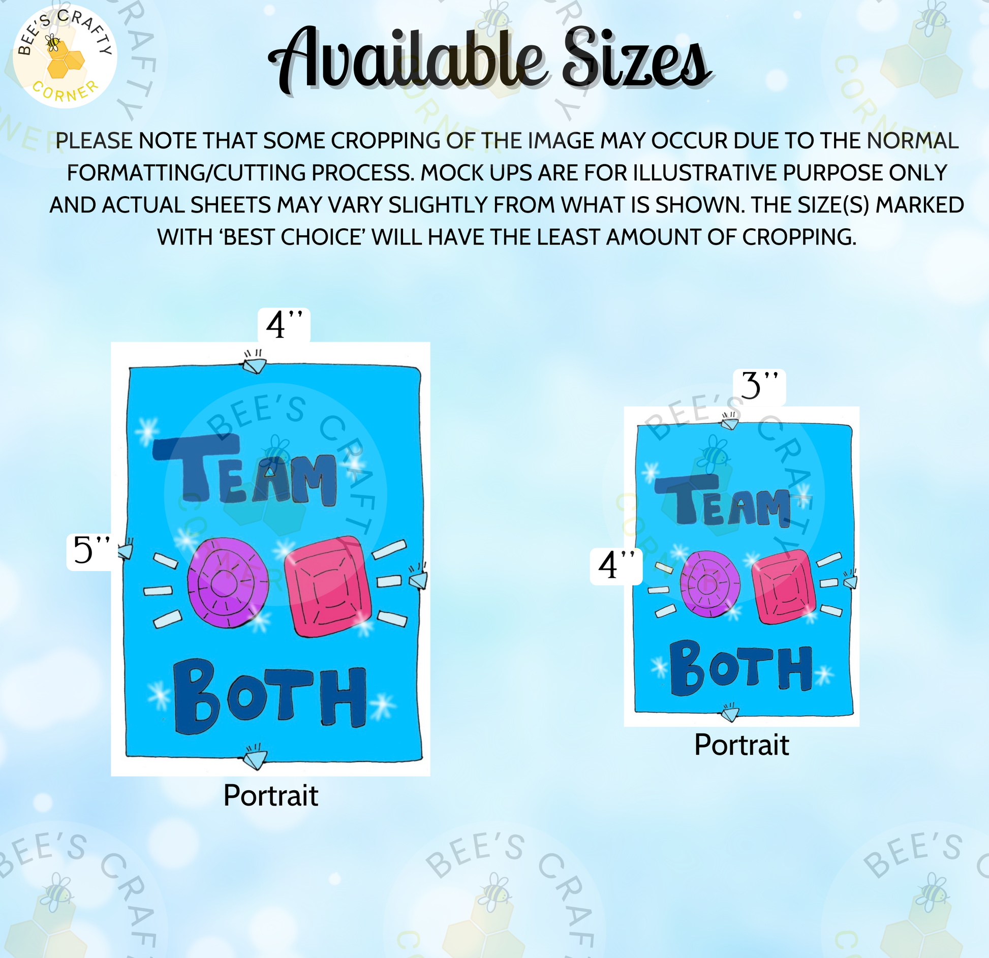 The image is a collage of two images, one depicting a team and the other a portrait. The collage is available in four sizes: 4-inch, 5-inch, 3-inch, and 4-inch portrait.