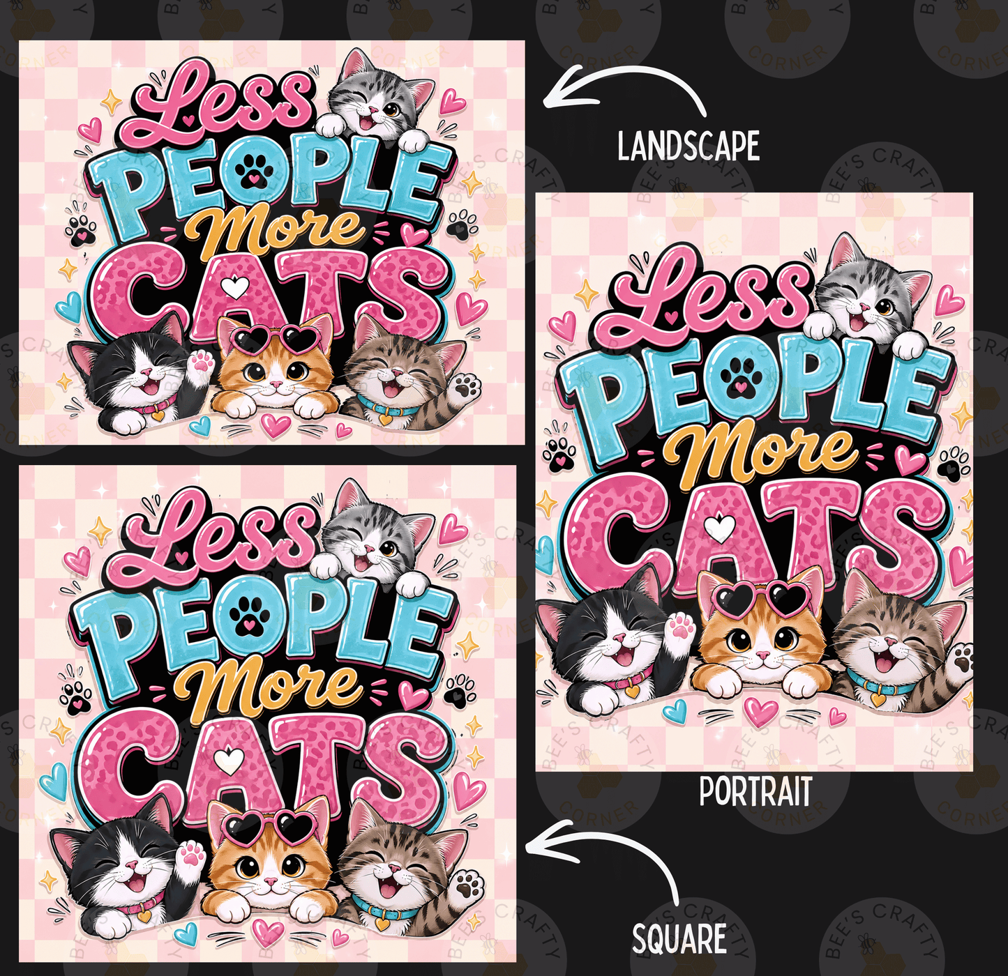 The image is a collage of three images featuring a cartoon-style illustration of cats with the text "Less People More Cats" in a playful and colorful design.