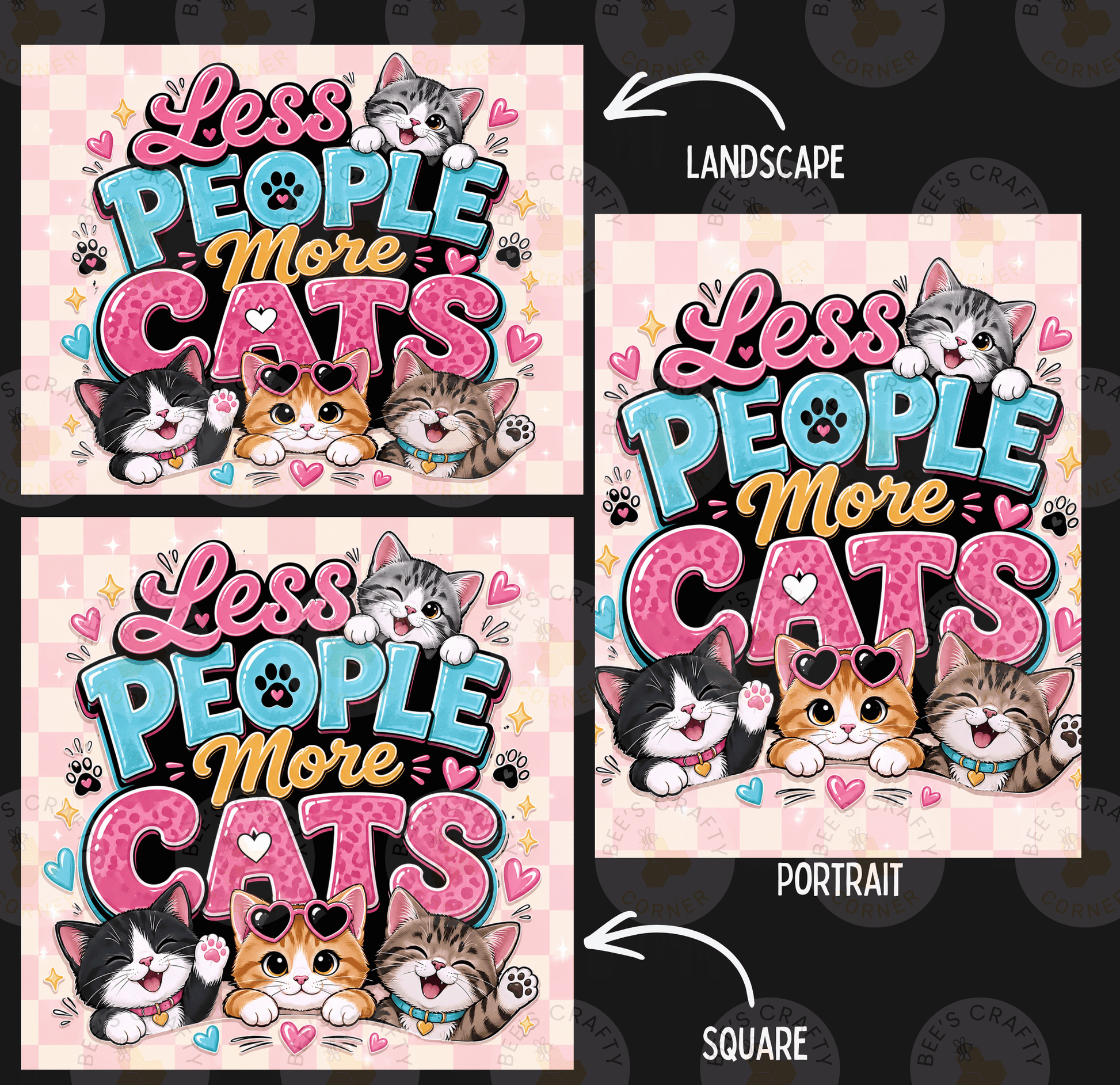 The image is a collage of three images featuring a cartoon-style illustration of cats with the text "Less People More Cats" in a playful and colorful design.