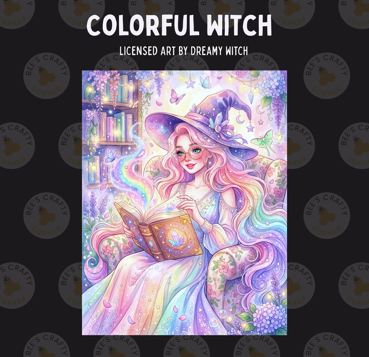The image is a colorful illustration of a woman with long, flowing hair and a purple hat, holding a book and surrounded by a whimsical, fantastical scene with various elements such as flowers, butterflies, and a castle.