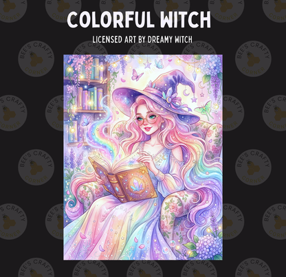 The image is a colorful illustration of a woman with long, flowing hair and a purple hat, holding a book and surrounded by a whimsical, fantastical scene with various elements such as flowers, butterflies, and a castle.
