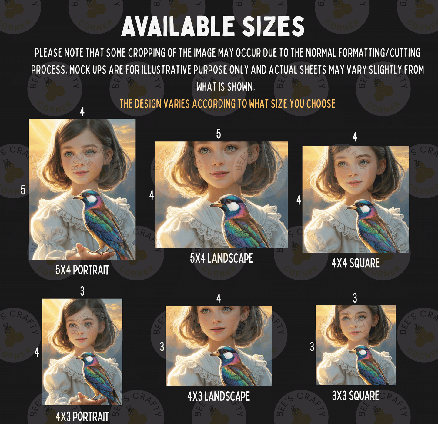 The image is a collage of six different sizes of portraits, each featuring a young girl holding a colorful bird. The sizes range from 5x4 to 5x3, and the portraits are arranged in a grid format.