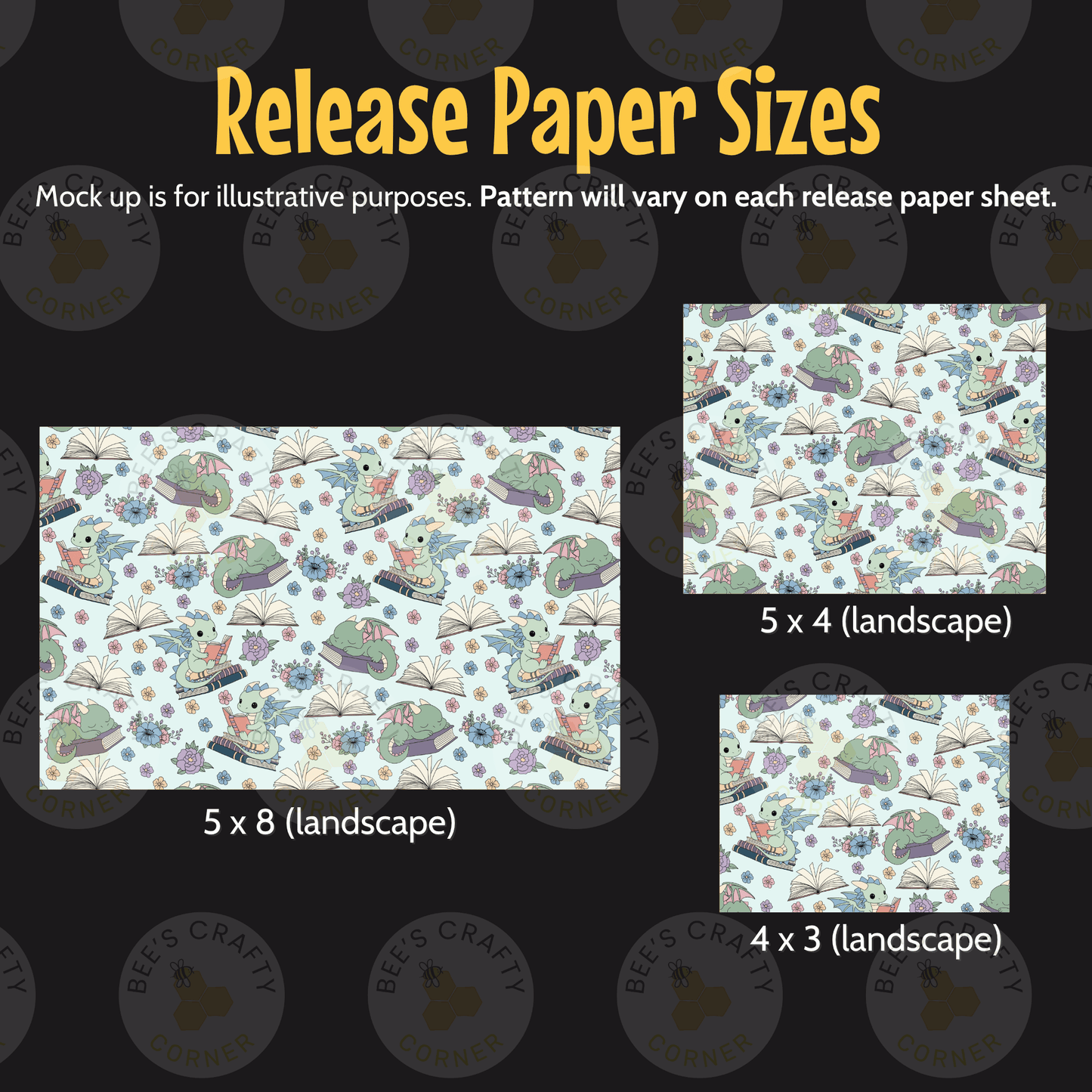 three different mock-up paper sizes, each featuring a unique pattern of illustrations. The sizes are labeled as 5 x 4 (landscape), 5 x 8 (landscape), and 4 x 3 (landscape), respectively. The patterns shown are a repeating design of green and white creatures, such as fish and sea creatures, along with various other elements like flowers and leaves. The text indicates that the mock-up is for illustrative purposes and that the pattern will vary on each release paper sheet.