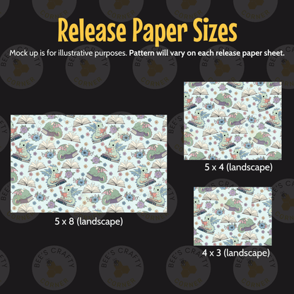 three different mock-up paper sizes, each featuring a unique pattern of illustrations. The sizes are labeled as 5 x 4 (landscape), 5 x 8 (landscape), and 4 x 3 (landscape), respectively. The patterns shown are a repeating design of green and white creatures, such as fish and sea creatures, along with various other elements like flowers and leaves. The text indicates that the mock-up is for illustrative purposes and that the pattern will vary on each release paper sheet.