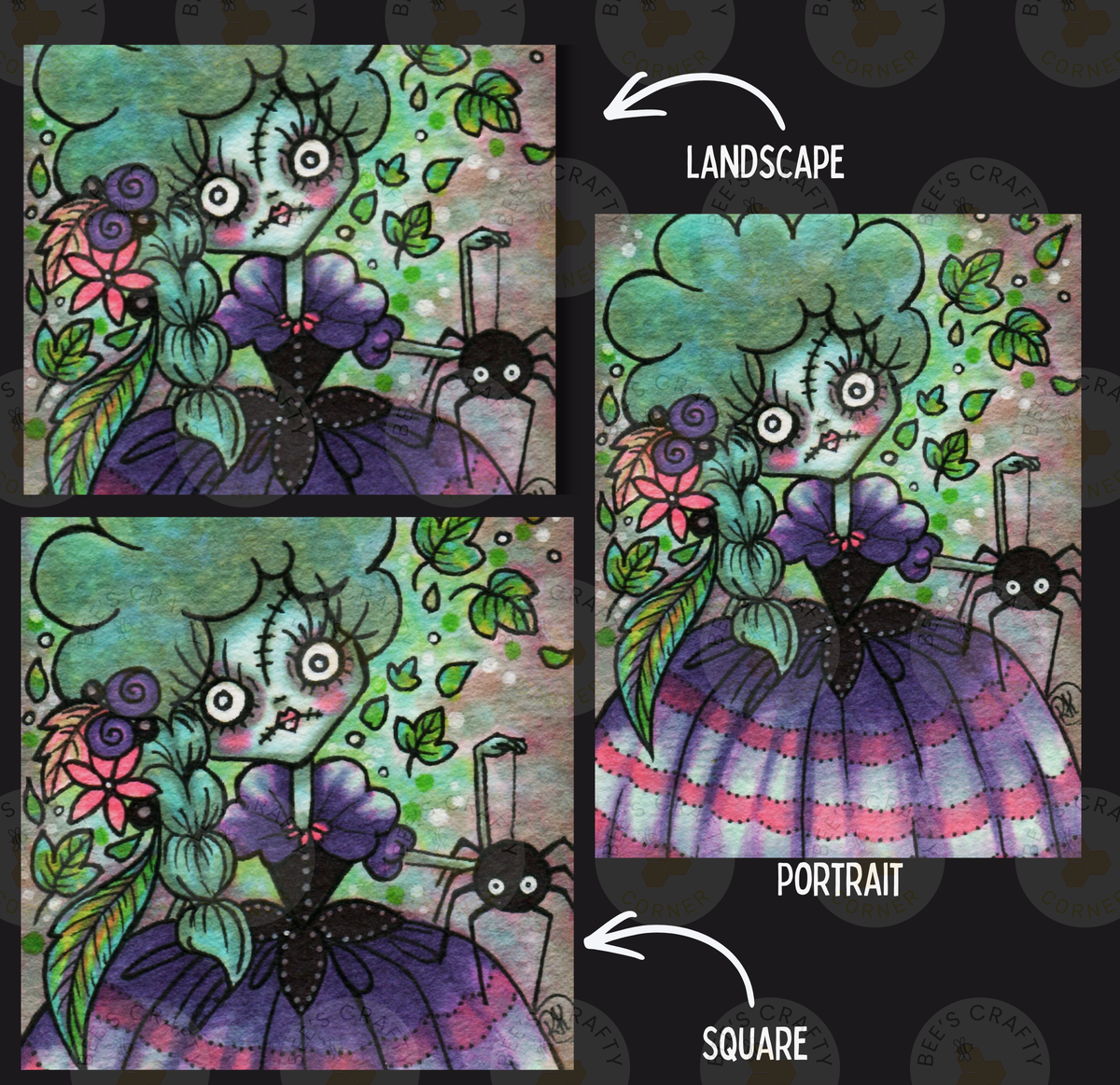 The image is a collage of three pictures depicting a landscape and two portraits. The landscape picture shows a woman with a green head and purple dress, surrounded by flowers and leaves. The portrait picture features a woman with a green head and purple dress, holding a spider and surrounded by flowers and leaves.