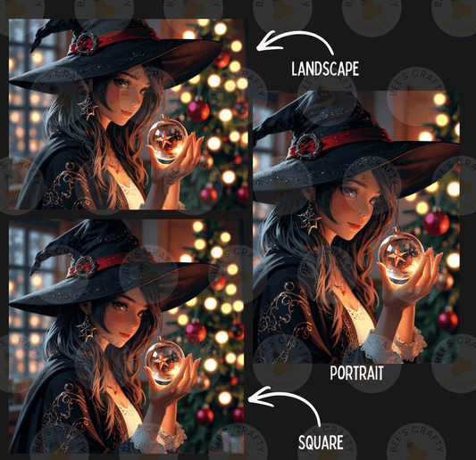 The image is a collage of three images depicting a woman in a witch's hat holding a glass ornament. The images are labeled as "LANDscape", "Portrait", and " SQUARE".