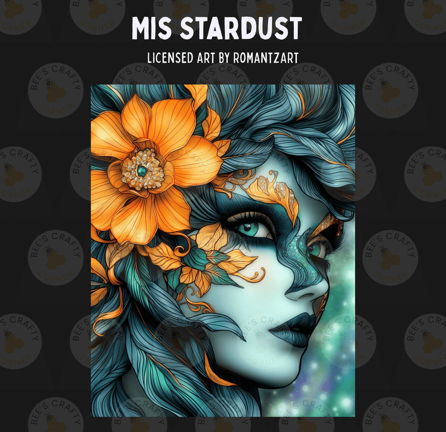 The image is a digital illustration featuring a close-up of a woman's face with intricate floral and leaf designs surrounding her eyes and lips.