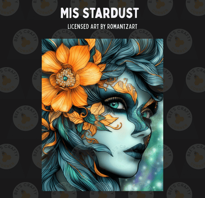 The image is a digital illustration featuring a close-up of a woman's face with intricate floral and leaf designs surrounding her eyes and lips.